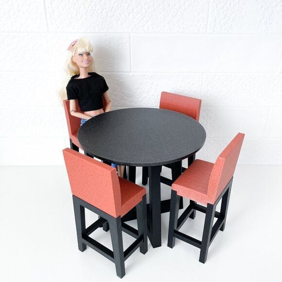Miniature Barbie Bistro Black Table 4 Chairs 3D Printed Dollhouse Furniture - Picture 1 of 5